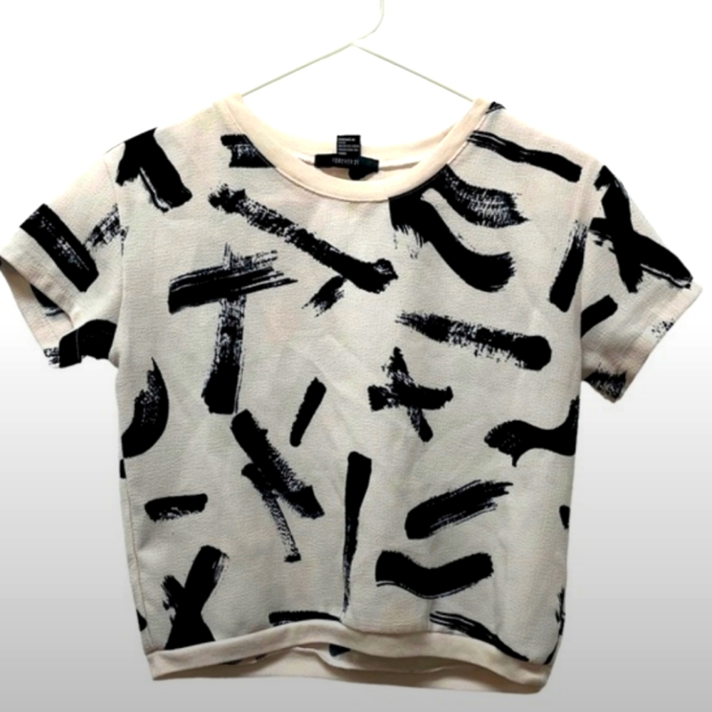 F21 Boho Abstract Brush Stroke Short Sleeve Top Blouse Size Small